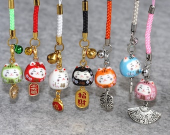 Handmade Japanese Porcelain Kitty, Amulet Maneki Neko Mobile Phone Charm, Good Luck Smiling Cat, Personalized Friendship Gift