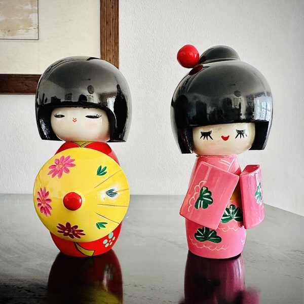 Japanese Doll - Kokeshi - Hand Made wood Doll - Vintage - Duo