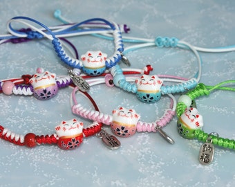 Handmade Porcelain Cat Beads Braided Bracelet/ Japanese Amulet Good Luck Maneki Neko Bracelet/ Adjustable Bracelet