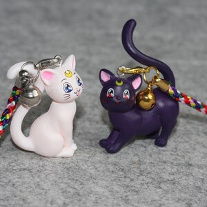 Può includere: Due piccole figurine di gatti con campane attaccate a un cordino intrecciato colorato. Il gatto bianco ha una mezzaluna sulla fronte e occhi blu. Il gatto viola ha una mezzaluna sulla fronte e occhi gialli.