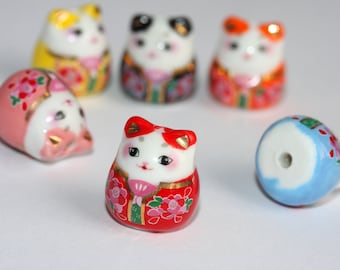 手作り磁器猫ビーズ 2個 / お守り招き猫 / 幸運の猫 / 縦穴 / DIY アクセサリー / 選べる6色