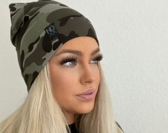 Lightweight Olive Camouflage Slouchy Beanie / Jersey Knit Summer Fall Hat / Sizes Newborn to Adult Beanies