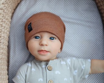 Lightweight Brown Beanie / Heathered Coco Cotton Jersey Knit Slouch Hat / Lightweight Baby Beanies and Adult Beanies