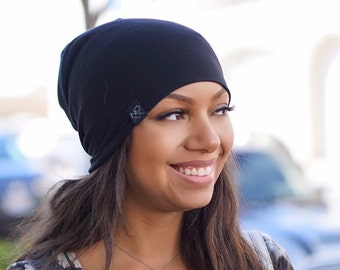 Adult Size Lightweight Black Jersey Knit Hipster Beanie / Slouchy Beanie / Black