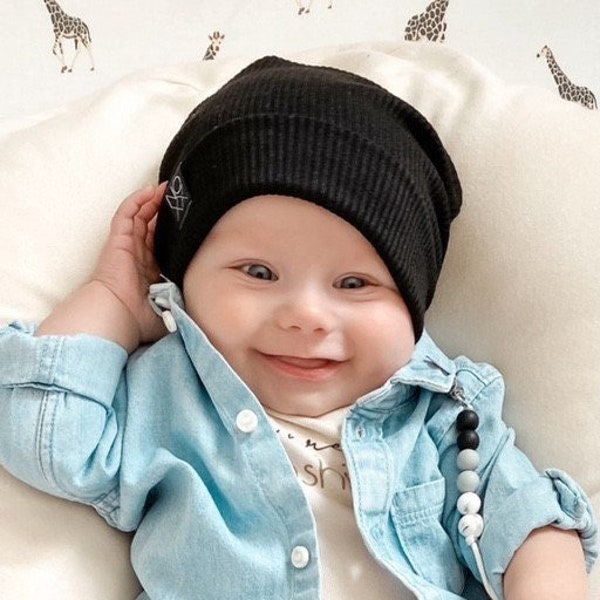 Black Ribbed Knit Hipster Slouchy Beanie / Lightweight Baby Slouchy Hat / Newborn to Adult Beanies