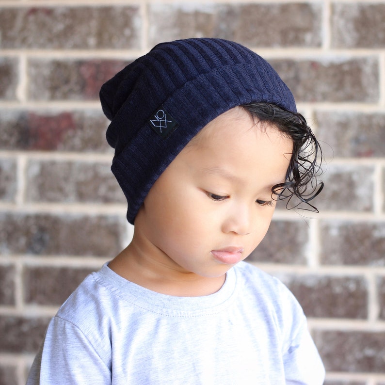 Navy Blue Ribbed Knit Hipster Slouchy Beanie Soft and Comfy Sweater Knit Hat Kids Toque
