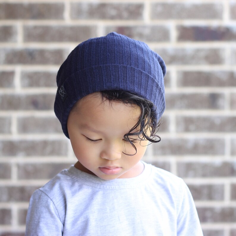 Navy Blue Ribbed Knit Hipster Slouchy Beanie Soft and Comfy Sweater Knit Hat Kids Toque