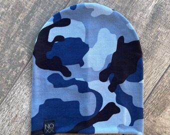 Blue Camouflage Lightweight Slouchy Beanie / Jersey Knit Slouch Camo Hat / Baby Beanies and Adult Beanies / Spring Beanies Hats