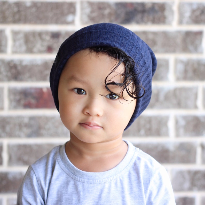 Navy Blue Ribbed Knit Hipster Slouchy Beanie Soft and Comfy Sweater Knit Hat Kids Toque