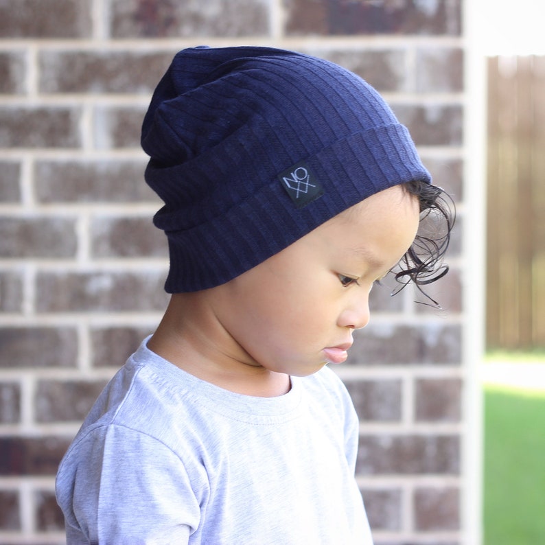 Navy Blue Ribbed Knit Hipster Slouchy Beanie Soft and Comfy Sweater Knit Hat Kids Toque