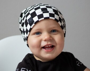 Trendy Checkered Print Slouchy Beanie / Jersey Knit Slouch Hat / Newborn Baby to Adult Size Beanies / Skater Beanies Hats