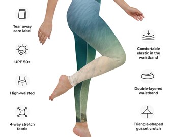 Yoga Long Leggings Ombré Style/Watercolor Seascape Blend of Aqua and Beige/Ocean and Sand/Paddleboard Pants UPF 50/Summer Leggings/Workout