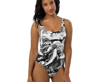 Black and grey koi fish One-Piece Swimsuit UPF 50