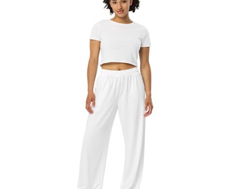 White unisex wide-leg pants for yoga, workout, walking, pickle ball, lounging