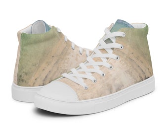 Beige and Hint of Aqua Seascape Men’s high top canvas shoes for Fashion, Comfort, Style, Streetwear, Beachwear,Back to School