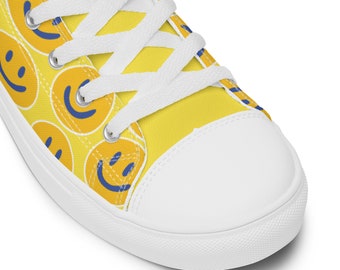 Smiles Everyone Yellow Men’s high top canvas shoes - Feel Good and Look Good - Fun fashion that brings a smile to all & promotes happiness