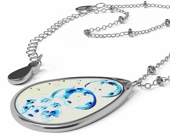 Necklace, Blue Bubbles Bohemian Style Oval Pendant, Abstract Design Fashion Accessory