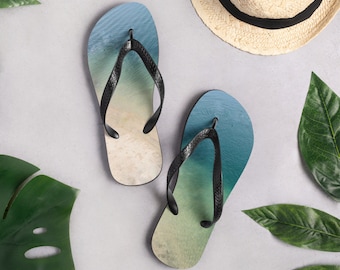 Beige with pop of Aqua Watercolor Seascape Flip-Flops For Summer Gift, Beach Day, House Day, Adventure