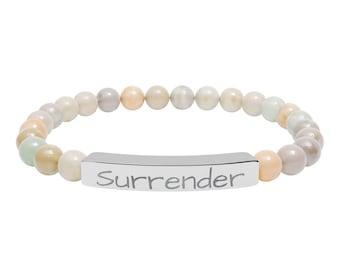Surrender engraved natural stone stretch bar bracelet | gemstone beaded bracelet