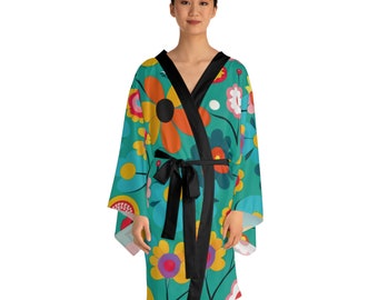 Retro Flower Bell Sleeve Kimono Robe for Mother’s Day gift, lounging, streetwear, festival wear, comfort