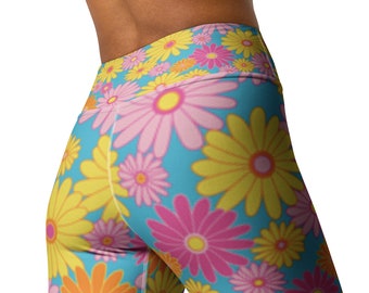 Boho Flower Retro Flower Power   Leggings/Yoga Pant - Buttery Soft for Yoga, Pickeball, Walking, Workout, Lounging UPF 50