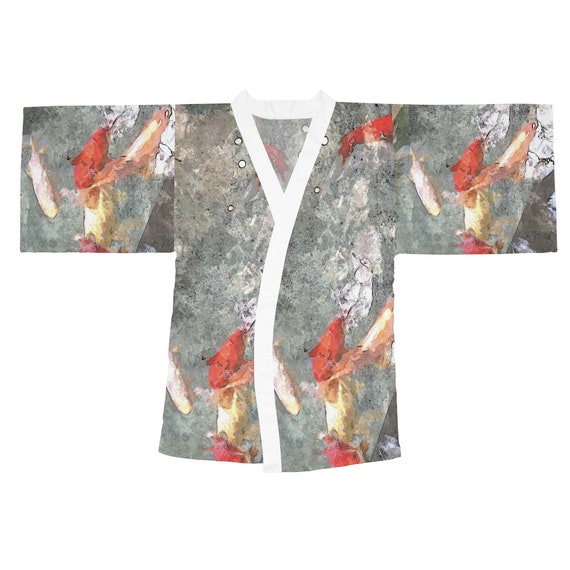 Kleding Gender-neutrale kleding volwassenen Pyjamas & Badjassen Jurken Aquarel Grijs en Oranje Koi Vis Designer Kimono Robe Unieke Gift Gift voor haar Kimono Robe Koi Fish Design Bell Sleeves 