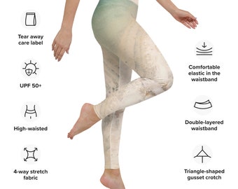 Beige with Hint of Aqua Marble Seascape Yoga Leggings/Pants UPF 50 For Yoga, Paddleboard, Walking, Lounging, Full Comfort