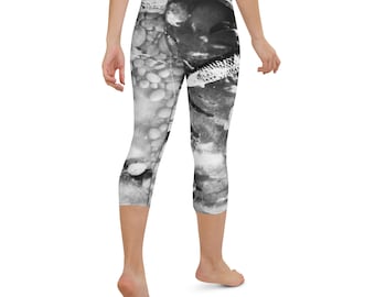 Black and white Koi YogaUPF 50  Capri Leggings super soft for Yoga, Paddlebaord, Pickleball, Walking, Workout, Lounging