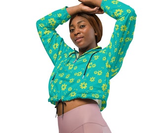 Flower Power Women’s cropped windbreaker - Standout and Feel Good in this Aqua with Fun Yellow Flowers Windbreaker - Fun Fashion for You