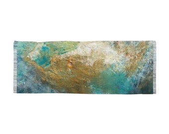 Abstract Turquoise Gold Watercolor Light Scarf | Lightweight Fringe Wrapl Original Abstract Artwork