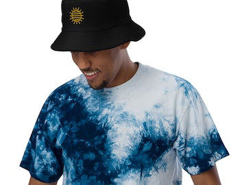 Unstructured terry cloth bucket hat with sunshine logo in multiple colors white, off white, light blue, pink and black