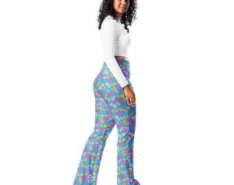 Retro Flare leggings/yoga pant 70s flower design for workout, streetwear, pickleball,yoga,lounging UPF 50