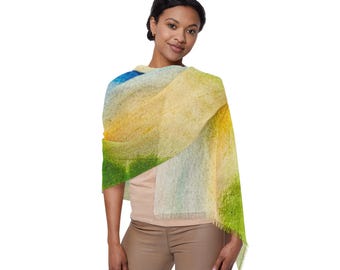 Light Scarf| Water color washes of Blue Green Beige Pop of Color, Fashion Accessory, Lightweight Shawl, Winter Wrap