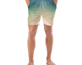 Men's swim trunks, Beige with Aqua Seascape Ombré Watercolor UPF 50 + Trunks for Swim, Beach, Paddleboard, Hike, Summer, Surf, Gift