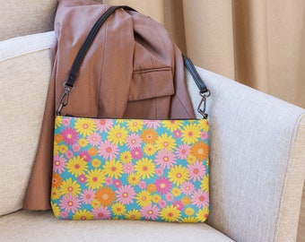 Crossbody bag retro 60’s/70’s style flowers - gift for pop of color and style - clutch or crossbody /shoulder bag