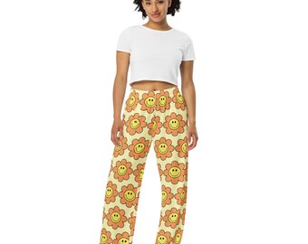 Smile pale yellow  unisex wide-leg pants for skating, pickle ball, yoga, walking, lounging