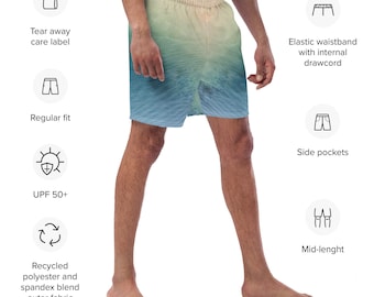 Men's swim trunks, Natures Tye Dye, Beige and Blue Ocean UPF 50+ Swim Trunk for Swim, Paddleboard, Hike, Beach