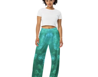 Jellyfish turquoise blue  unisex wide-leg pants - Lounge Pants - Fun Pants - Holiday Gift - Ocean Lover Gift - promote comfort & smiles :-)