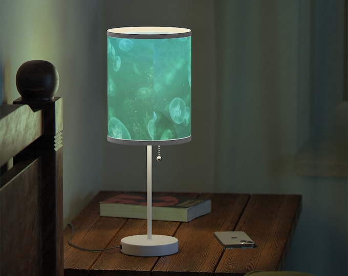 Featured listing image: Teal Blue Jelly Fish Lamp/Mid Century Modern Style Ocean Theme/Moon Jellies at Night for bedroom, office, baby room, bring some calming