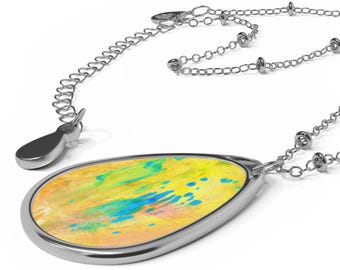 Necklace, Let it Flow Original Abstract Art Design Oranges, Yellows, Pops of Blue, Inner Artist Jewelry, Statement Piece, Handmade Pendant,