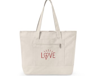 Love Doodle Heart with Cross Zippered Canvas Tote | Faith Tote