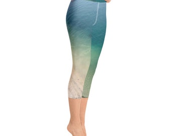 Yoga Capri Leggings Ombré Style/Watercolor Seascape Blend of Aqua and Beige/Ocean and Sand/Paddleboard Pants UPF 50/Summer Leggings/Workout