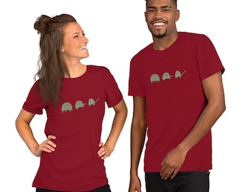 Handmade Turtle Trio Design Unisex 100 % cotton t-shirt: Fun T of Turtle expressing its process of facing the day
