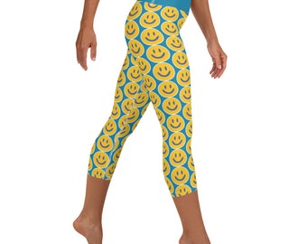 Blue Smile Yoga Capri Leggings - UPF 50 + for Paddleboarding, Walking, Workouts, Lounging while Smiling :)