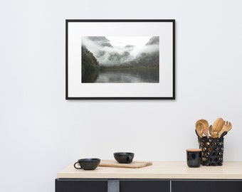 Wall Art Black/Grey/White - Foggy Days on the Dountful Sound, New Zealand Matte Paper Framed Poster With Mat