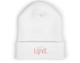 Embroidered LOVE Heart-Cross Cuffed Beanie, Minimalist Knit Hat