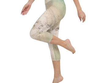 Beige with Hint of Aqua Marble Seascape Yoga Capri Leggings/Pants UPF 50 for Yoga, Paddleboard, Walking, Lounging, Workout, Pure Comfort