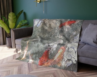 Blanket, Crushed Velvet Blanket with Koi Fish Flowy Original Artwork Design, Orange and Grey, Peace Harmony Balance Warmth, Gift for Nature