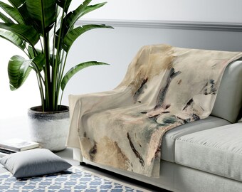 Ethereal Koi Velveteen Plush Blanket | Beige with Copper & Cerulean Blue | Original Artwork Home Decor Gift  -Unique Gift