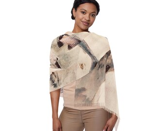 Bohemian Koi Fish Light Scarf, Flowy Wrap, Beige, Copper & Blue, Lightweight Scarf | Fashion Accessory | Unique Gift